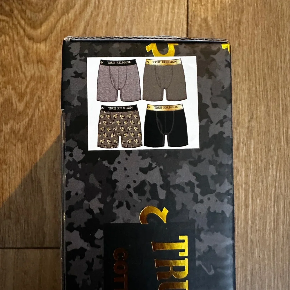 True Religion Mens 4 Pr Cotton Stretch Boxer Briefs Small Grey Green Camo Black